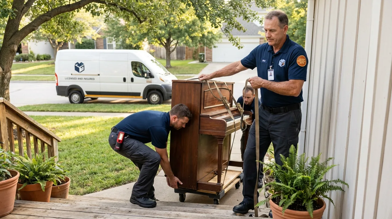 Licensed piano movers securing grand piano in Washington, MO
