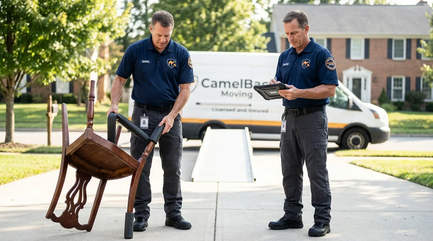 Movers inspecting furniture for damage prevention before loading in Washington, MO