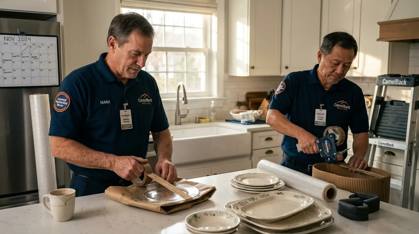 Professional crew packing kitchen dishware in Washington, MO